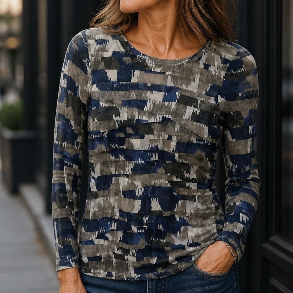 Tribal Mesh Top Women Small Blue Grey Abstract Tiered Ruffle Long Sleeve Blouse